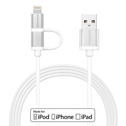 [Apple MFi Certified] Abusun 2 in 1 MFI lightning cable 3.3ft 8 Pin 2.4A High Speed Data Sync & USB Cable with Aluminum connector for iPhone, iPad, iPod, Samsung, HTC, Nokia, Sony and Android-Silver