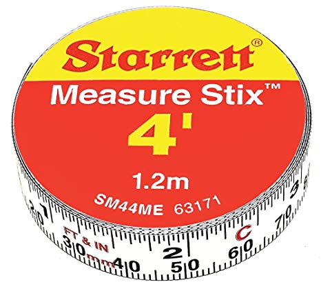 Starrett Measure Stix SM44ME Steel White Measure Tape with Adhesive Backing, English/Metric Graduation Style, Left to Right Reading, 4' (1.2m) Length, 0.5" (13mm) Width, 0.0625" Graduation Interval