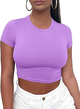 Kaximil Women's Short Sleeve Crop Tops Cute Casual Basic Crew Neck Tight T Shirts