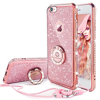 Glitter Cute iPhone 6 6s Case Girls with Stand, Bling Diamond Rhinestone Bumper with Ring Kickstand Clear Thin Soft Protective Sparkly Luxury Pink Apple iPhone 6 6s Case for Girl - Rose Gold