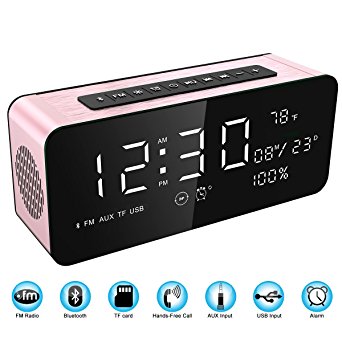 Soundance 12W Large Screen Digital Radio Alarm Clock Bluetooth Speaker with premium HD sound & LED display of time/date/temperature, 3.5mm Aux/Micro SD/TF/ USB Input Model A10 Rose color
