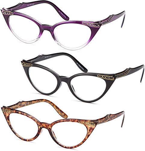 Gamma Ray Women's Reading Glasses - 3 Pairs Chic Cat Eye Ladies Fashion Readers