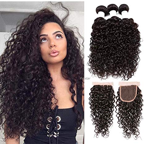 Perstar Hair 8A Grade Water Wave 3 Bundles Closure Uprocessed Virgin hair with 4"4" lace closure free part (22 24 26 20 free part, Natural Color)