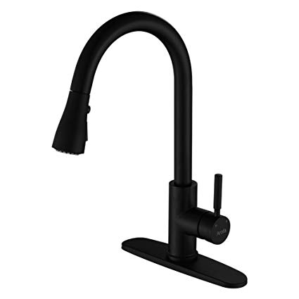 Pull Down Kitchen Sink Faucet -Arofa A02BY Contemporary Matte Black Single Handle Gooseneck Stainless Steel Pull Out Kitchen Faucet With Sprayer