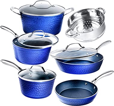 Granitestone Pots and Pans Set with Hammered Design, 10 Piece Complete Nonstick Kitchen Cookware Set, Dishwasher Safe Pots & Pan Set with Induction Cookware & Stay Cool Handles, 100% PFOA Free (Blue)