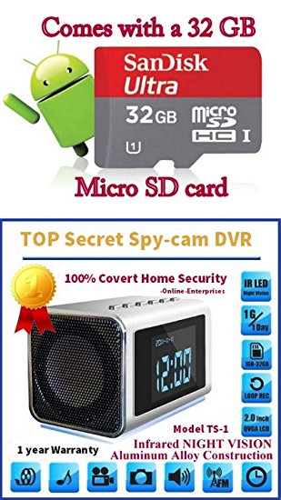 TOP Secret Spy Camera Mini Clock Radio w/32Gb Class 10 Micro Sd Card included. Hidden DVR- Continuous power or battery power.