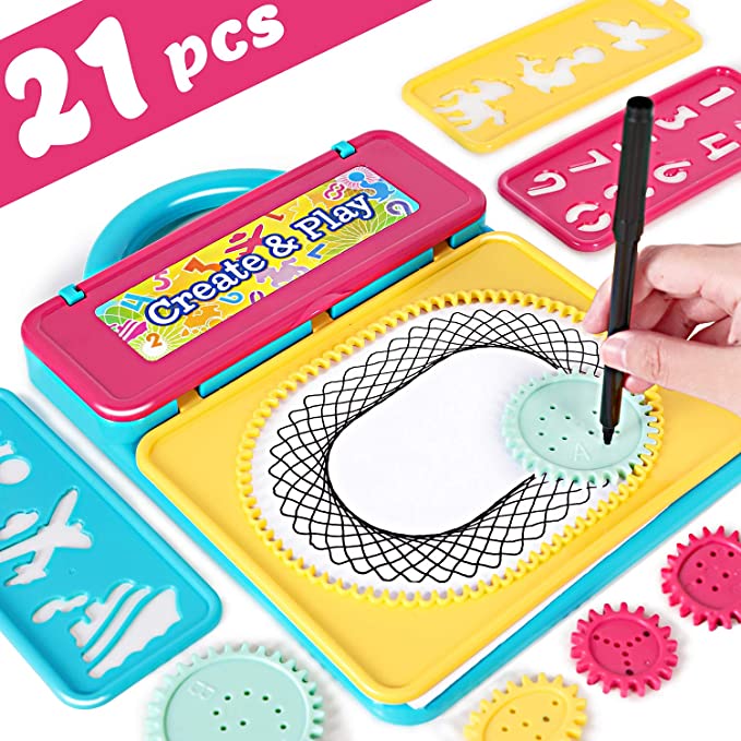iPlay, iLearn Kids Spiral Drawing Kit Toys W/ Stencil Pattern, Spin Arts and Crafts DIY Painting Set W/ Handle, Design-Your-Own Creativity Set Toy, Gift for 5 6 7 8 Years Old Boys, Girls, Children