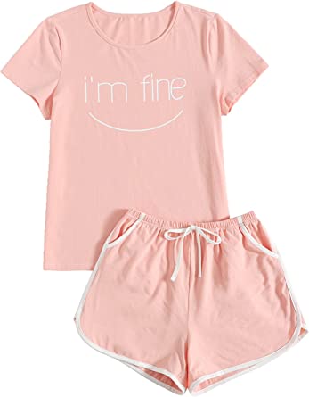 DIDK Women's Short Sleeve Cute Print Tee and Shorts Sleepwear Pjs Sets