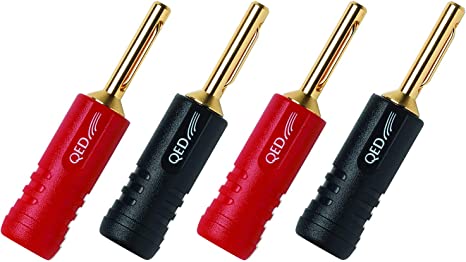 4 QED Screwloc Forte Gold Plated 4mm Banana Plugs for Speakers and Amplifiers (4 Screwloc Forte Banana Plugs)