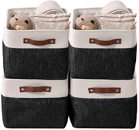 DECOMOMO Storage Bins | Fabric Storage Basket for Shelves for Organizing Closet Shelf Nursery Toy | Decorative Large Linen Closet Organizers with Handles Cubes (Black and White, Large - 4 Pack)