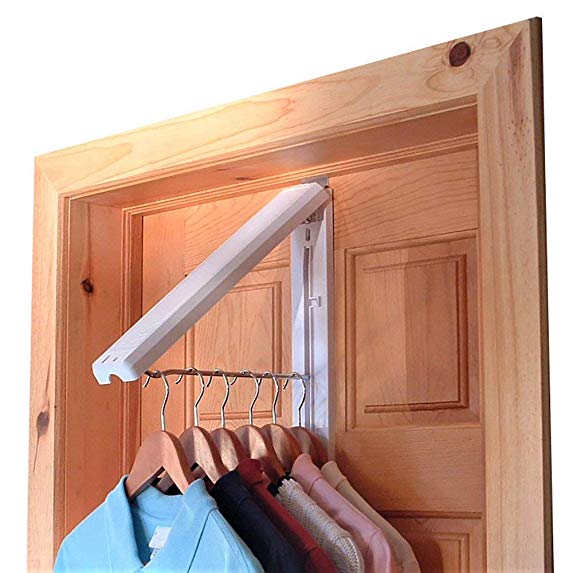 InstaHANGER The Original Folding Collapsible Wall Mounted Clothes Storage/Drying Rack with 12” SS Hanging Rod for Laundry/Heavy Duty Clothes Storage - ABS Plastic - Includes SS “Over Door Bracket”