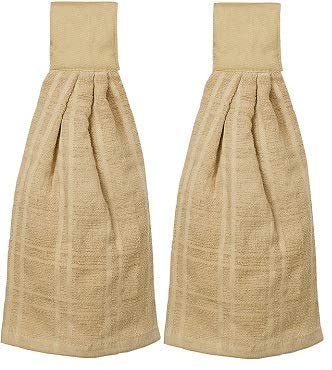 Kovot Set of 2 Cotton Hanging Tie Towels | Include (2) Hanging Towels That Latch with Hook & Loop (Tan)