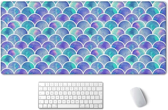SSOIU Desk Mat, Extended Gaming Mouse Pad 35.5x15.7 in, Large Non-Slip Rubber Base Mousepad with Stitched Edges, Waterproof Keyboard Mouse Mat Desk Pad for Work, Game, Office -Watercolor Mermaid Scale