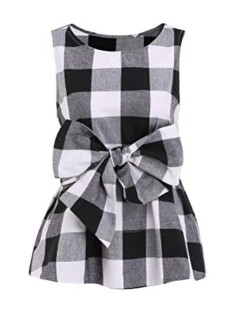 WDIRA Women's Sleeveless Belted Checkered Shell Top Blouse