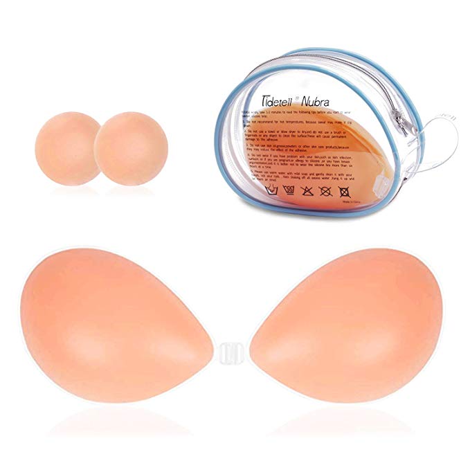 Tidetell Adhesive Bra Strapless Self Sticky Silicone Invisible Push-up Bra for Backless Dress with Nipple Covers