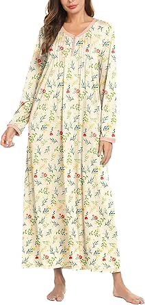 Ekouaer Women's Long Sleeve Nightgown Full Length Sleepwear Long Sleepshirts Henley Sleep Dress S-4XL