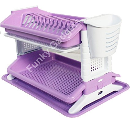 2 Tier Plastic Dish Drainer Plate Cup Cutlery Utensil Holder Drip Tray Sink Tidy (lilac/purple)