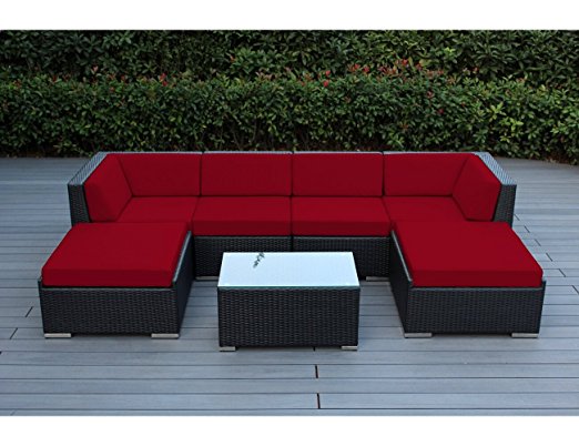Ohana 7-Piece Outdoor Patio Wicker Furniture Sectional Conversation Set with Weather Resistant Cushions, Red (PN7036R)