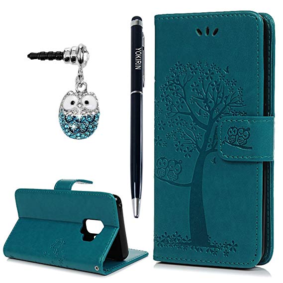 Galaxy S9 Case, YOKIRIN Flip Wallet Full PU Leather Kickstand Embossed Floral Owl Magnetic Tree Book Style Built-in Stand Card Slots Holder Protective Cover with Detachable Wrist Strap, Blue