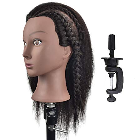 Afro Mannequin Head 100% Real Hair Hairdresser Training Head Manikin Cosmetology Doll Head (Table Clamp Stand Included)