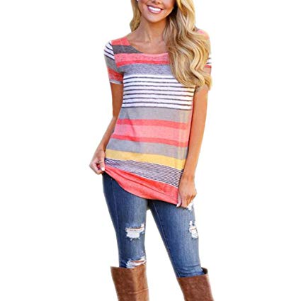 SELUXU Women's Summer Striped Blouses Color Block Short Sleeve Casual T-Shirt Tops