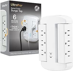 GE 6-Outlet Extender, Surge Protector, Swivel Side Access, Wall Tap Adapter, 3-Prong, 980 Joules, ETL Listed, White, 81781