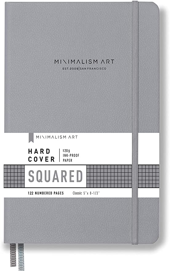 Minimalism Art, Premium Hard Cover Notebook Journal, Squared Grid Page, 122 Numbered Pages, Gusseted Pocket, Ribbon Bookmark, Extra Thick Ink-Proof Paper 120gsm, Classic 5" x 8.3" (Small, Gray)