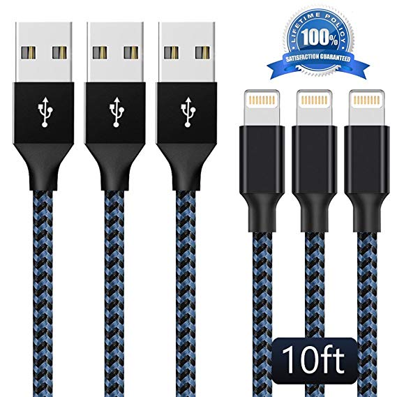 Hootech Phone Cable 3Pack 10FT Nylon Braided Charger Cable USB Cord Charging Charger Compatible iPhone Xs MAX, XR, X 8, 7, 7 Plus, 6, 6s, 6 , 5, 5c, 5s, SE, iPad, iPod Nano-Blue