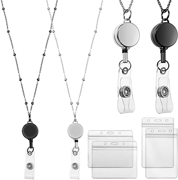 2 Pieces Badge Lanyard with ID Holders Stainless Steel Badge Necklace Retractable Reel Clip Chain Water Resistant Name Badge Holders for Girl Women (Black, Silver)