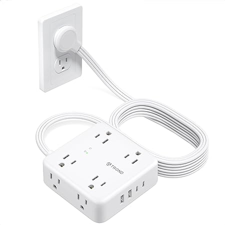 TROND Surge Protector Power Strip 10FT, Flat Extension Cord, 8 Widely-Spaced Outlets 4 USB Charger (2 USB C Ports), Ultra Thin Cord, 1700J, Flat Wall Plug, Desk Charging Station for Travel, White