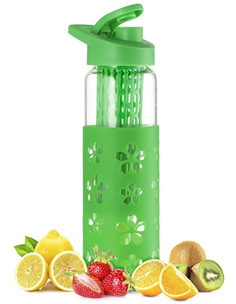 Swig Savvy Borosilicate Glass Water Bottle With Fruit Infuser – 20oz, Green