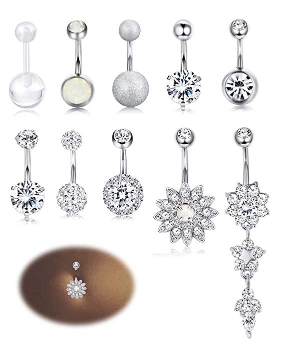 Milacolato 10-12PCS Stainless Steel Belly Button Rings for Womens Girls Navel Rings Barbell Dangle Acrylic CZ Body Piercing Jewelry