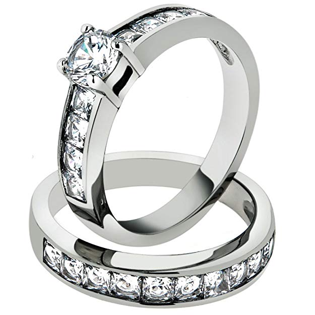 3.25 Ct Cubic Zirconia Stainless Steel 316 Engagement Wedding Ring Set Size 5-10