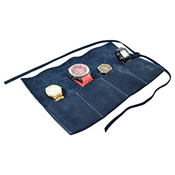 Durable Leather Travel Watch Roll Organizer Holds Up To 4 Watches Handmade by Hide & Drink :: Blue Suede