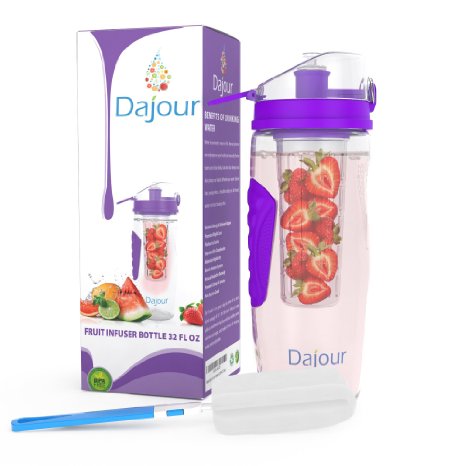 Fruit Infuser Water Bottle 32 Ounce NO BPA Sports Flavor Infusion Bottle - PLUS Recipe Ebook and Cleaning Brush INCLUDED
