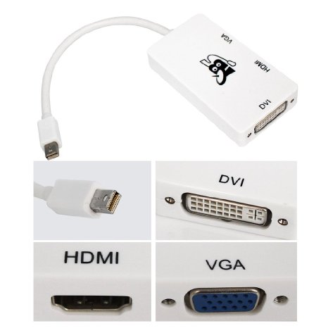 Mini Displayport Adapter, TBS® Mini Displayport to DVI VGA HDMI TV AV HDTV Adapter Cable 3 in 1 for Mac Book, iMac, Mac Book Air, Mac Book Pro, and Mac mini - White