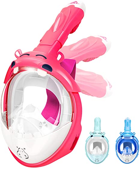 SKL Full Face Snorkel Mask, Snorkeling Mask 180 Degree Panoramic Views with Detachable Camera Mount Anti-Fog Anti-Leak, Snorkeling Gear Swimming Diving Mask for Kids (4-11 Year Old)