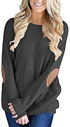 YIOIOIO Women Casual Loose Long Sleeve Solid Color Crewneck Elbow Patch Sweatshirt Tunic Tops