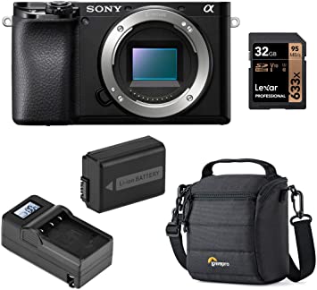 Sony Alpha A6100 Mirrorless Digital Camera, Body Only (Black) Basic Bundle with Bag, Extra Battery, Smart Charger, 32GB SD Card