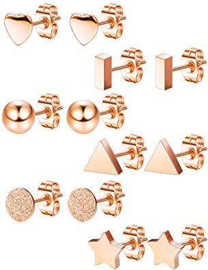 LOLIAS 6 Pairs Stainless Steel Stud Earrings Set for Women Girls Bar Heart Ball Star Triangle Ear Piercing