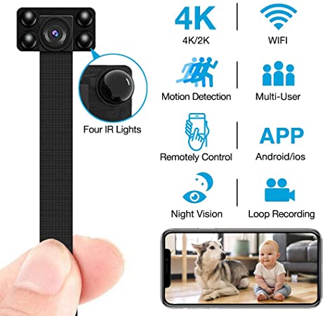 4K Hidden Camera WiFi Wireless with IR Night Vision, Seven Level Motion Detection and Loop Recording for iPhone/Android/PC Wireless Spy Home Security Nanny Cam