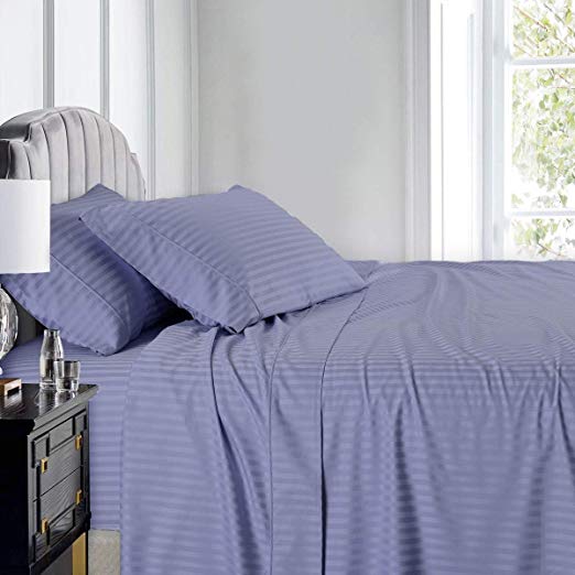 Royal Hotel Stripe Sheets - Split-King: Adjustable King Bed Sheets - 5PC Bed Sheet Set - 100% Cotton - 600 Thread Count - Deep Pocket, Split King, Periwinkle