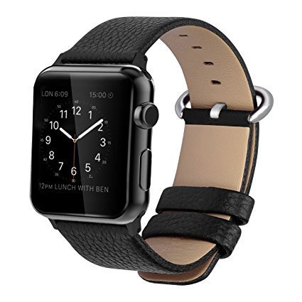 Apple Watch Leather Band Litchi Pattern, Bandmax Genuine Calf Leather Watch Strap Soft&Durable Replacement Wristband for iwatch Series 3/2/1 42MM with Elliptical Stainless Steel Buckle Black