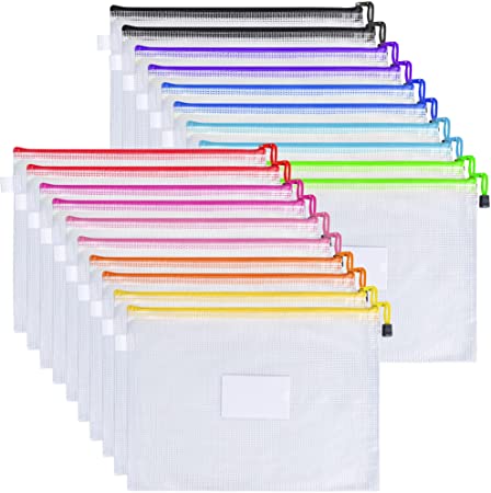 JARLINK 20 Pack 10 Colors A4 Zipper Mesh Document Pouch, Waterproof File Bags with The Label, Multipurpose for Organizing Office Supplies Cosmetics Travel Accessories