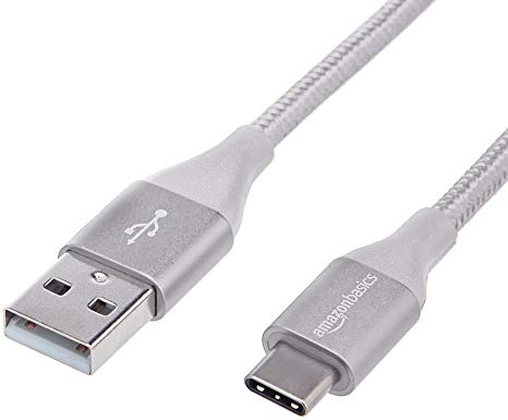 AmazonBasics Double Braided Nylon USB Type-C to Type-A 2.0 Male Cable | 10 feet, Silver