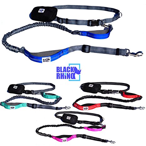 Black Rhino - Premium Hands Free Dog Leash for Running Walking Jogging & Hiking - Adjustable Length Dual Handle Bungee Leash | Medium – Large Dogs | Neoprene Padded Handles - Running Pouch Included