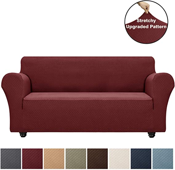 OBYTEX Couch Cover, Stretch Sofa Slipcover, Soft Jacquard Sofa Cover, Furniture Protector for Living Room (Large, Burgundy)