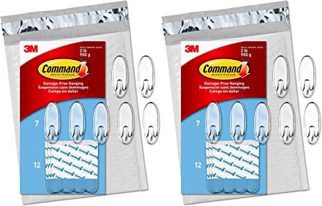 Command Hooks, Indoor Use, 7 Hooks, 12 Strips, Medium, Clear, Easy to Open Packaging (CL091-7NA), Pack of 2