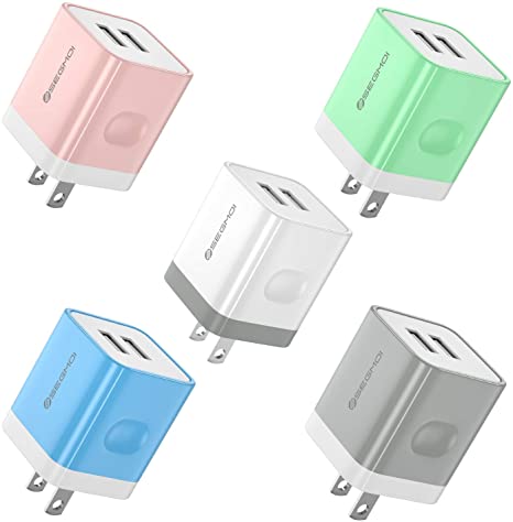 USB Wall Charger,SEGMOI 5-Pack ETL Certified 5V/2.4A 12W Dual Port USB Wall Plug in,Portable Colored USB Charging Block/Cube Compatible with iPhone 11 Pro Max/XS/XR/X/8/7/6/5 Plus SE iPad mini Air Pro