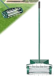 COSTWAY Rolling Lawn Aerator 46 cm Manual Rotating Spike Scarifier with Wide Screen Protection Long Handle for Lawn Lawn Garden 46 x 15 x 127 cm, Green